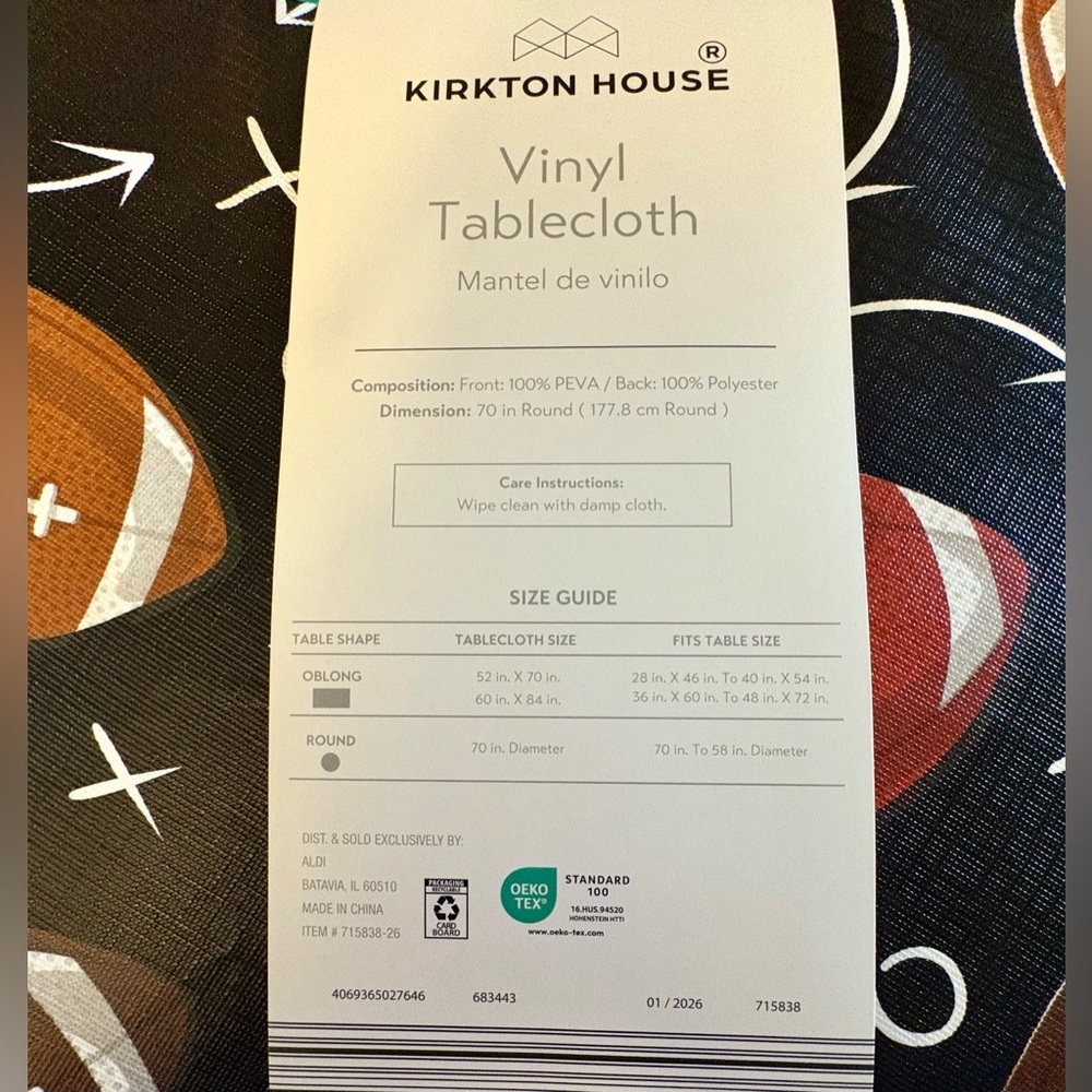 New- Football Inspired
Reusable Tablecloth
Set of 3. Two 52x70 & 1- 70Round- - Picture 4 of 11